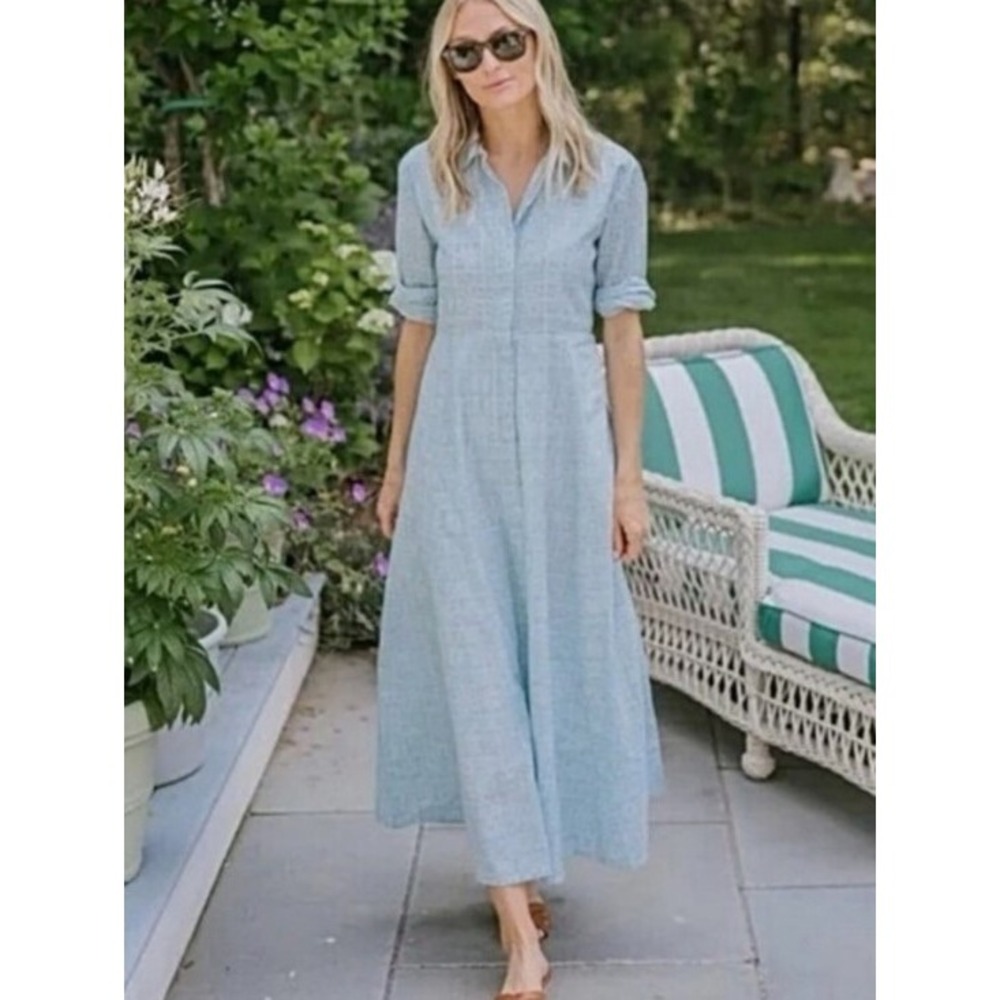 Julia Amory JA Shirt Dress Blue Maxi Dress Geometric Print Size S Coastal Preppy